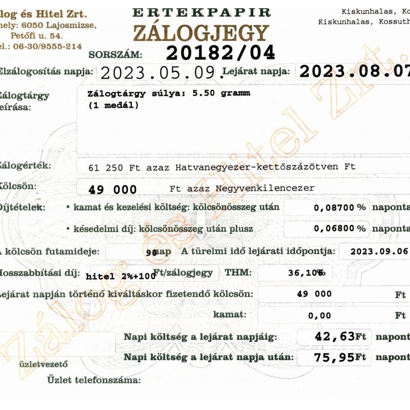 K-20182 sz. zálogjegy