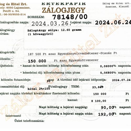 S-78148 sz. zálogjegy