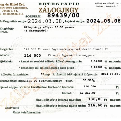 D-89439 sz. zálogjegy