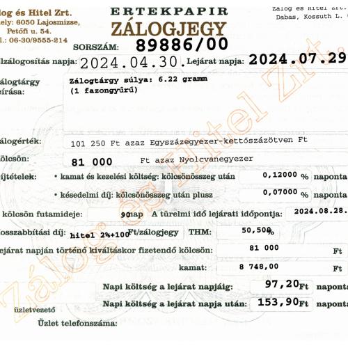 D-89886 sz. zálogjegy