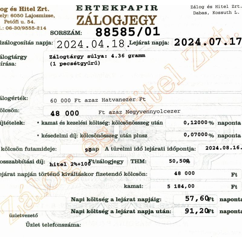 D-88585 sz. zálogjegy
