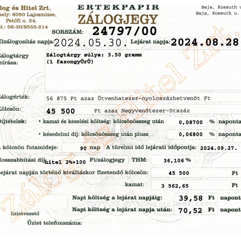 B-24797 sz. zálogjegy