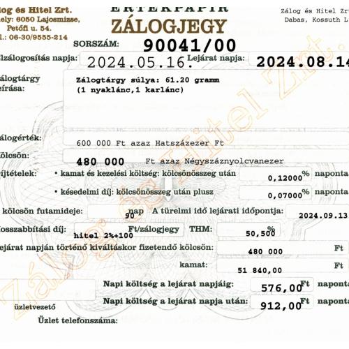 D-90041 sz. zálogjegy