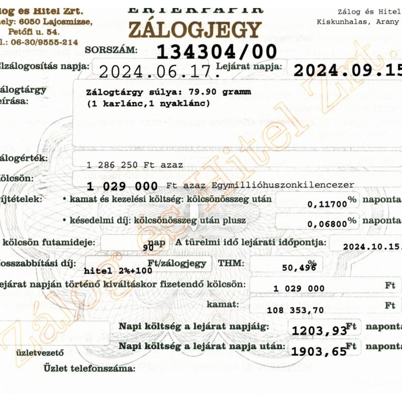 A-134304 sz. zálogjegy