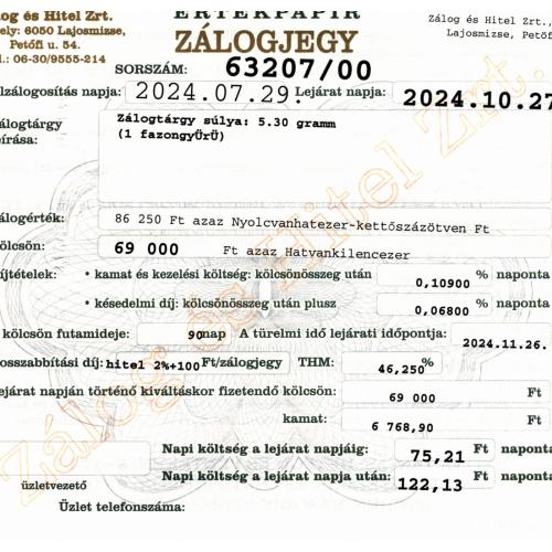 L-63207 sz. zálogjegy