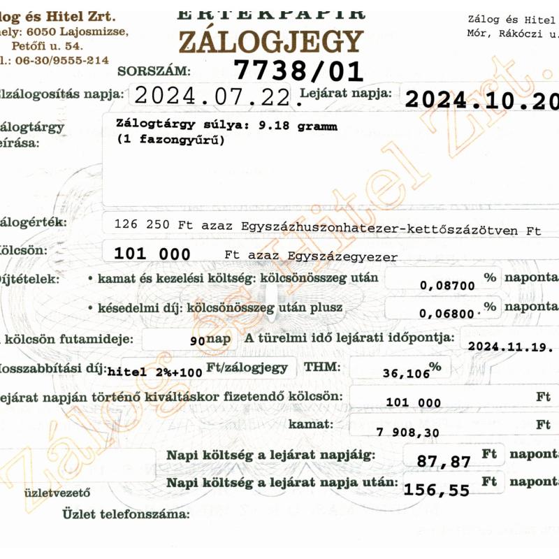 M-7738 sz. zálogjegy