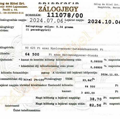 N-111078 sz. zálogjegy