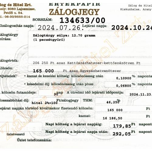 A-134633 sz. zálogjegy