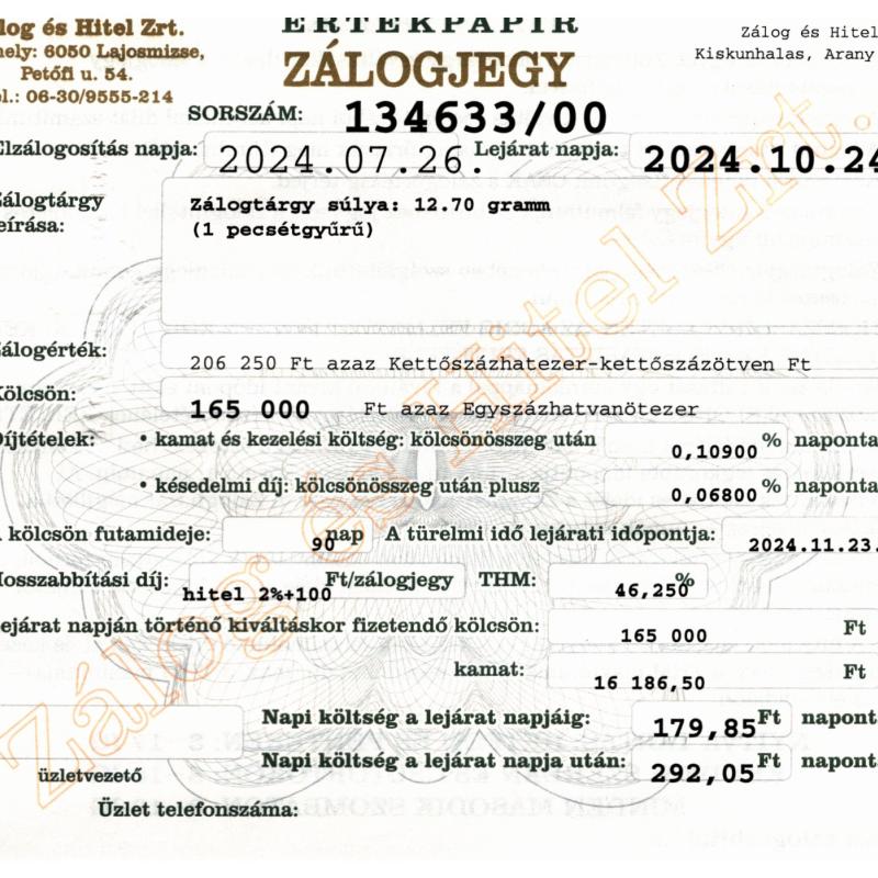 A-134633 sz. zálogjegy