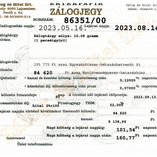 D-86351 sz. zálogjegy