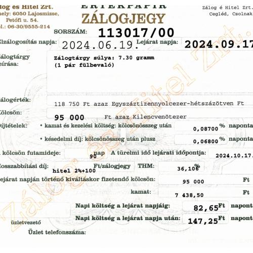 C-113017 sz. zálogjegy