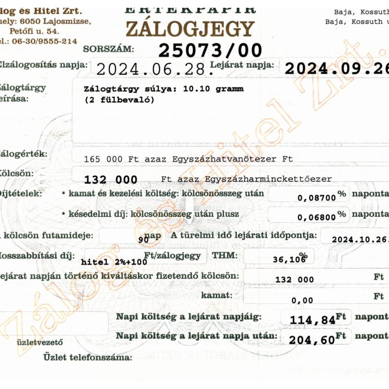 B-25073 sz. zálogjegy