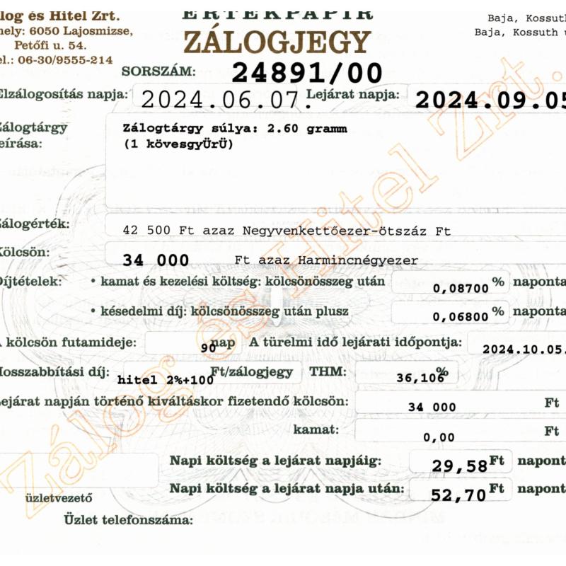 B-24891 sz. zálogjegy