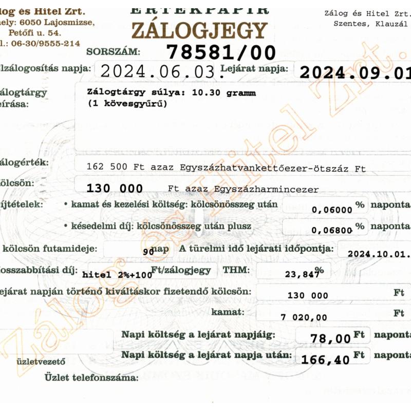 S-78581 sz. zálogjegy