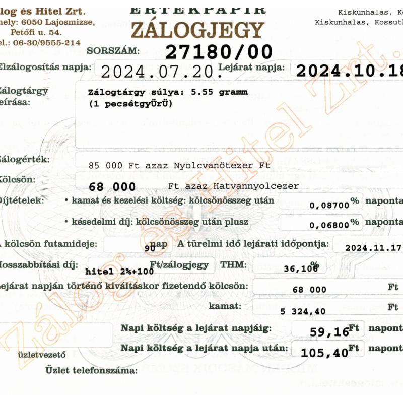 K-27180 sz. zálogjegy