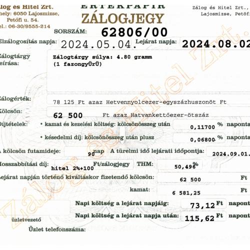 L-62806 sz. zálogjegy