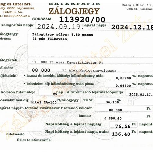 C-113920 sz. zálogjegy