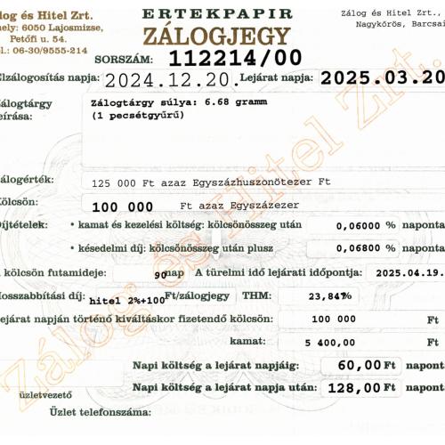 N-112214 sz. zálogjegy