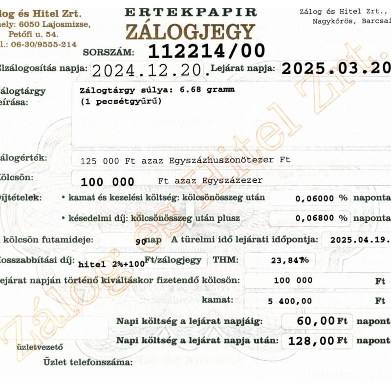 N-112214 sz. zálogjegy