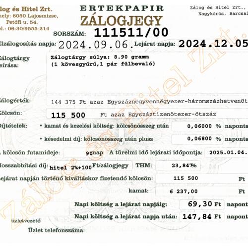 N-111511 sz. zálogjegy