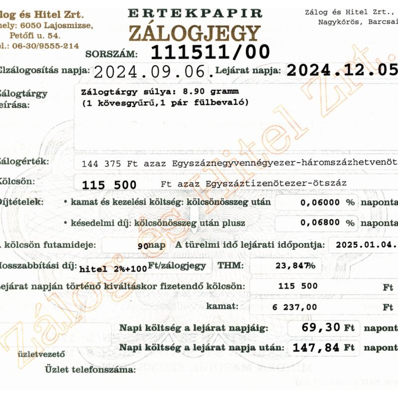N-111511 sz. zálogjegy