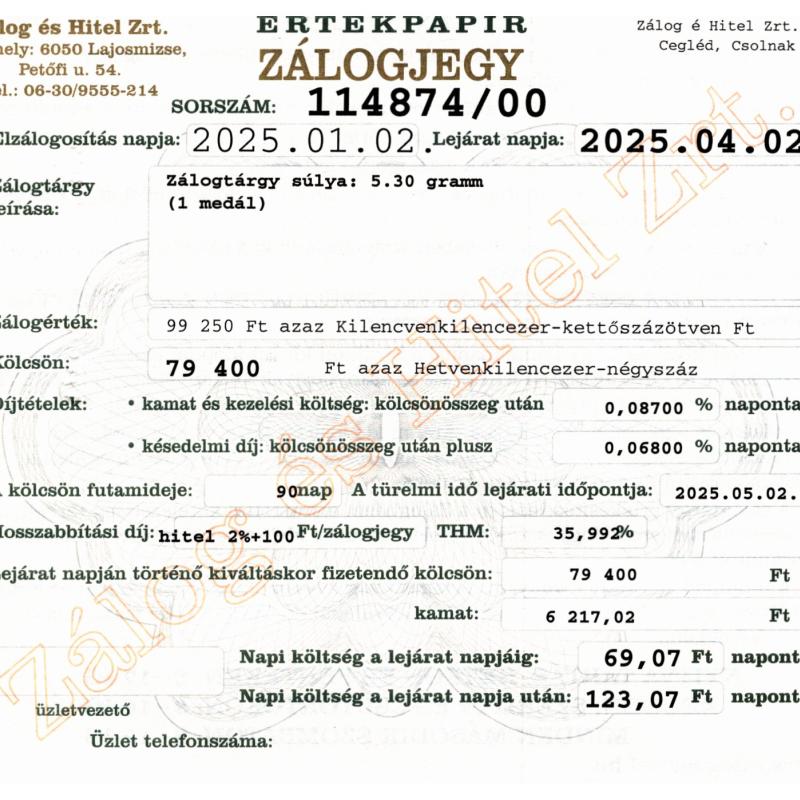 C-114874 sz. zálogjegy