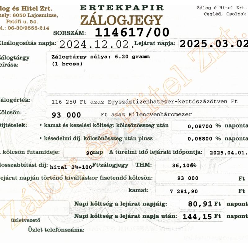 C-114617 sz. zálogjegy