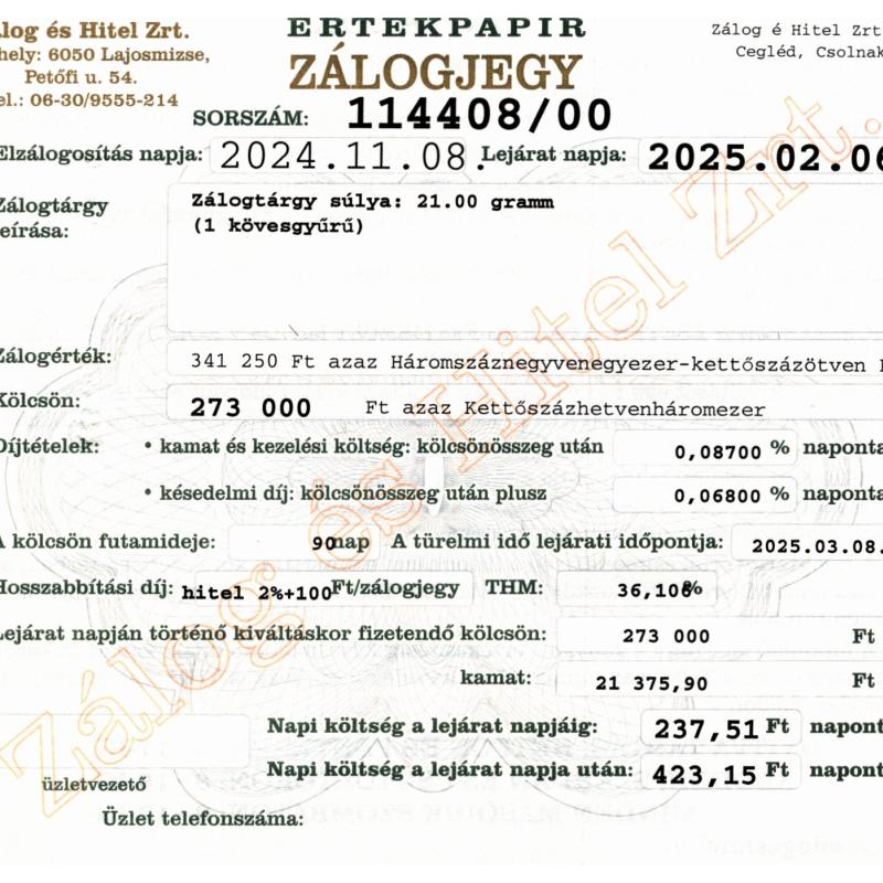 C-114408 sz. zálogjegy