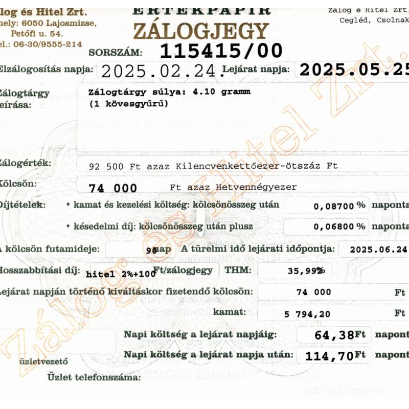 C-115415 sz. zálogjegy
