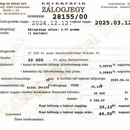 K-28155 sz. zálogjegy