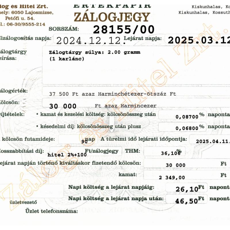 K-28155 sz. zálogjegy