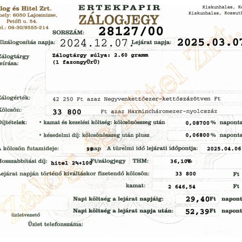 K-28127 sz. zálogjegy