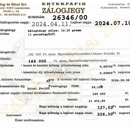 K-26346 sz. zálogjegy