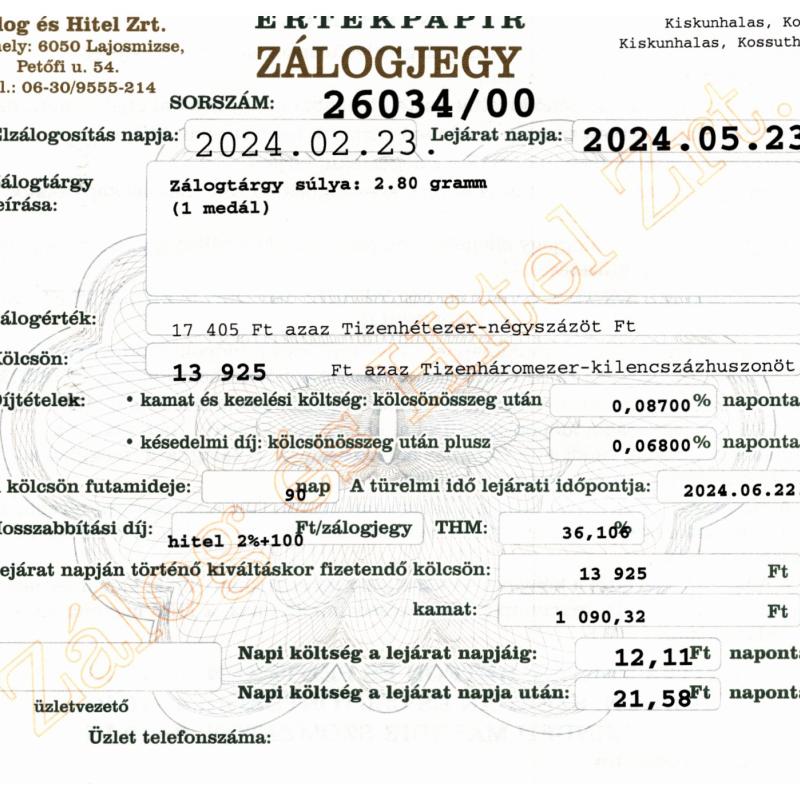 K-26034 sz. zálogjegy