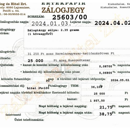 K-25603 sz. zálogjegy