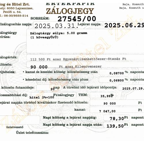 B-27545 sz. zálogjegy
