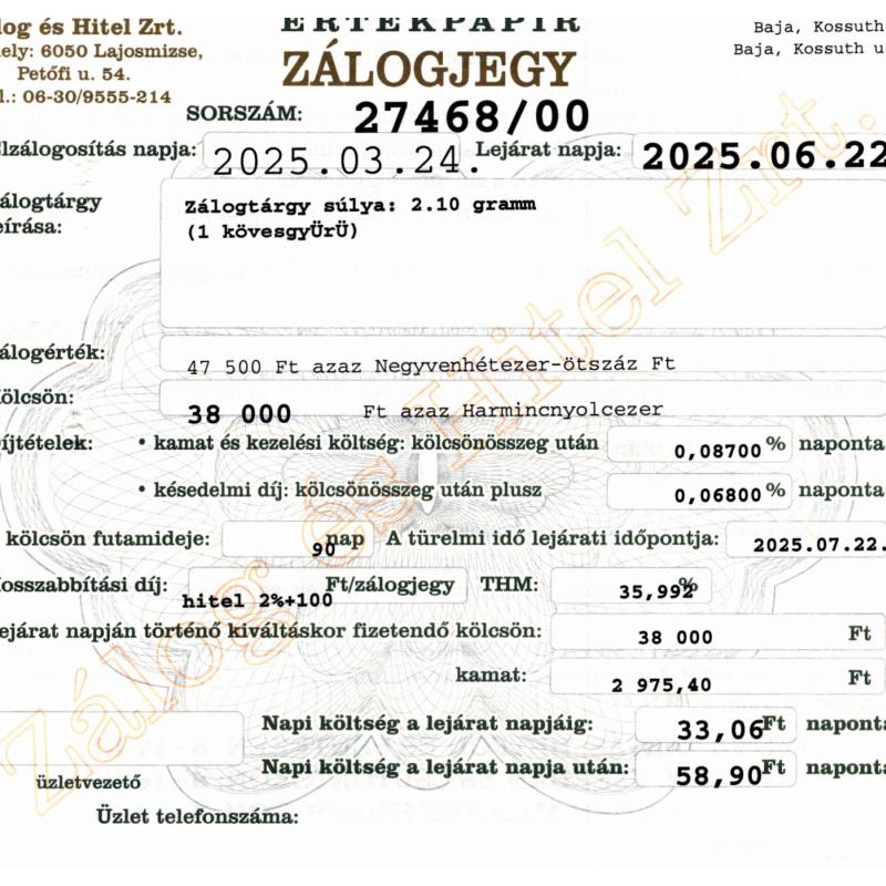 B-27468 sz. zálogjegy