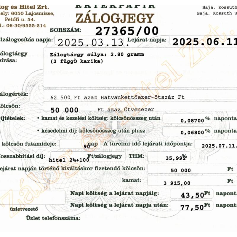 B-27365 sz. zálogjegy