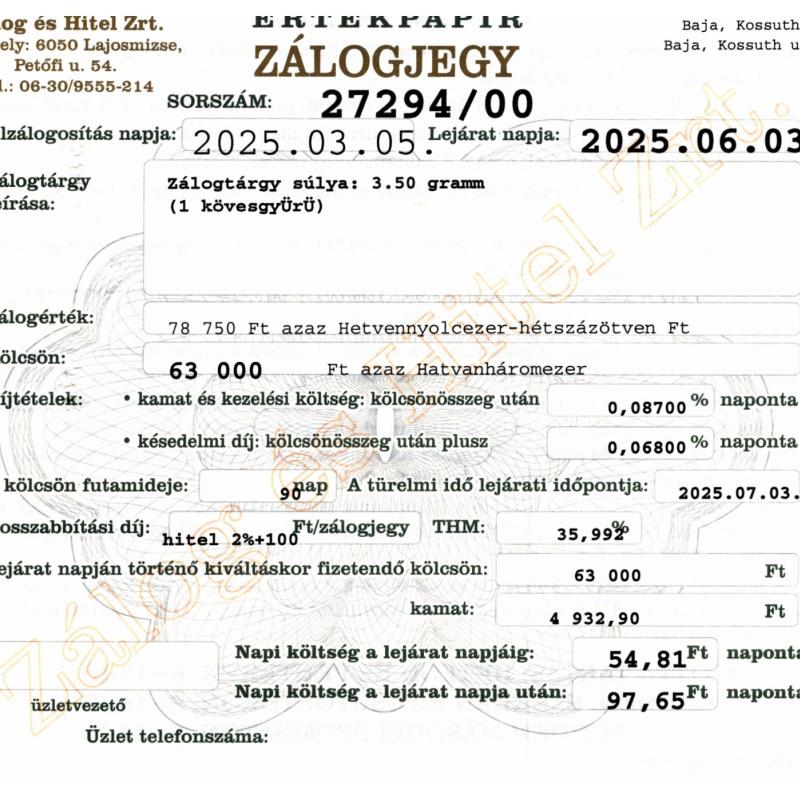 B-27294 sz. zálogjegy