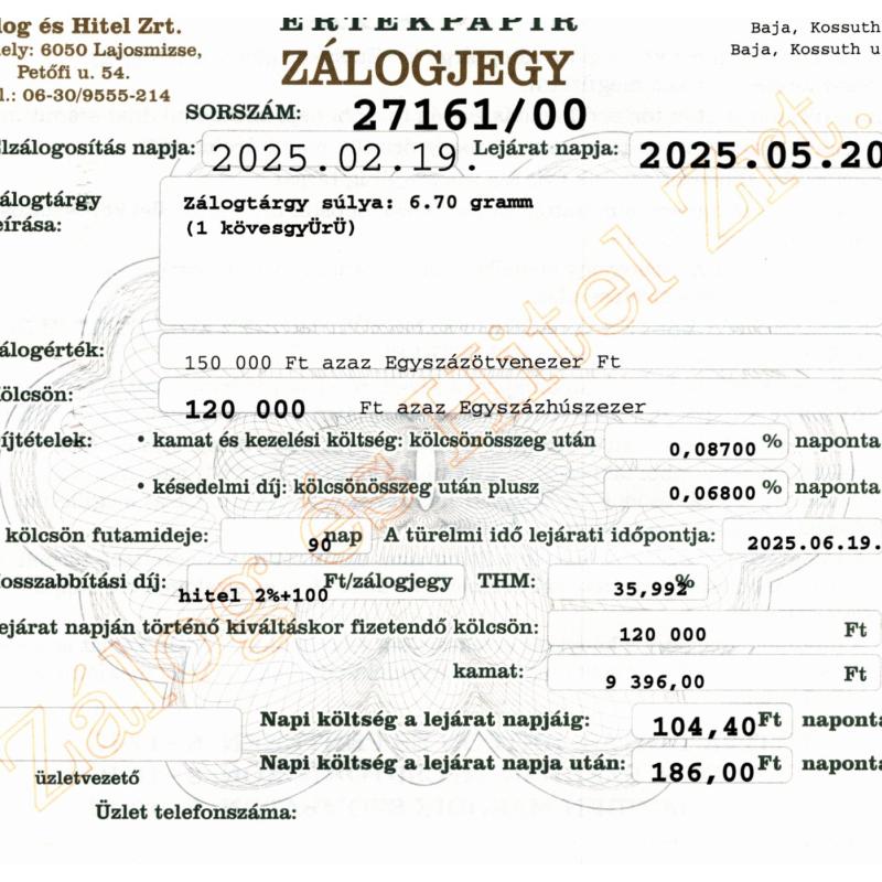 B-27161 sz. zálogjegy