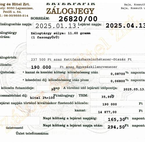 B-26820 sz. zálogjegy