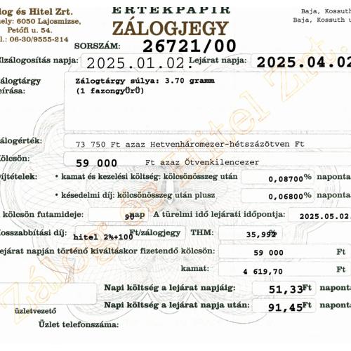 B-26721 sz. zálogjegy