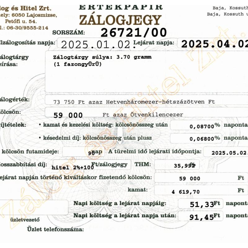 B-26721 sz. zálogjegy