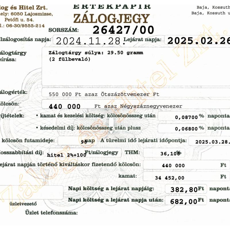 B-26427 sz. zálogjegy