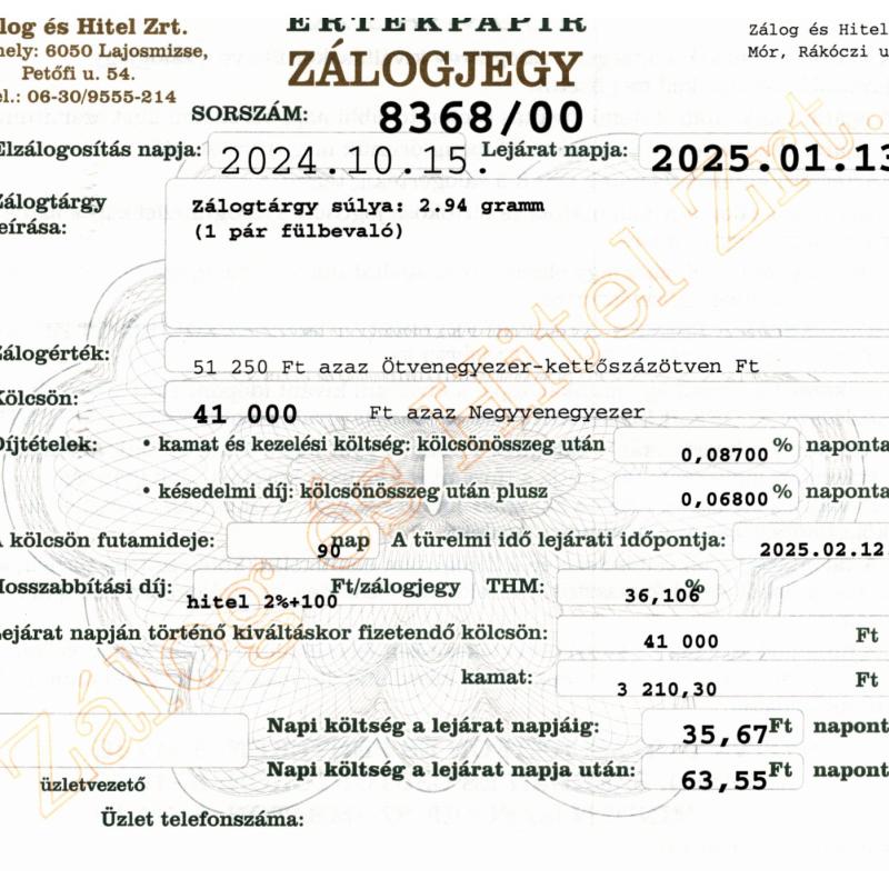 M-8368 sz. zálogjegy