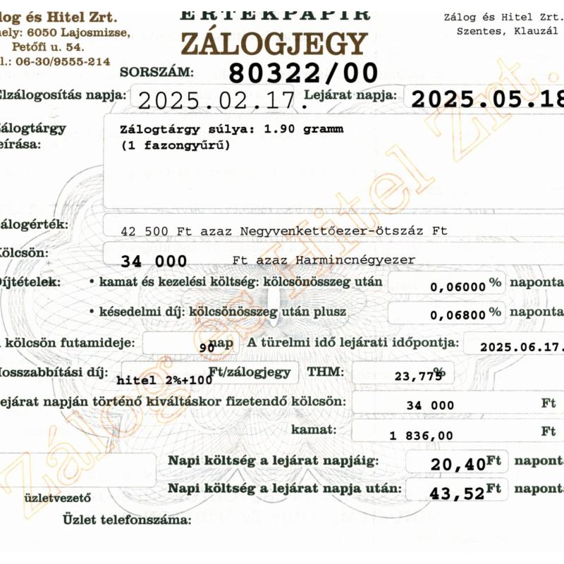 S-80322 sz. zálogjegy