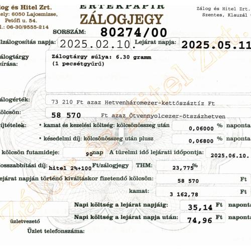 S-80274 sz. zálogjegy