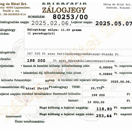 S-80253 sz. zálogjegy