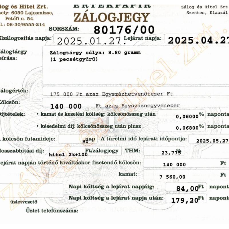 S-80176 sz. zálogjegy