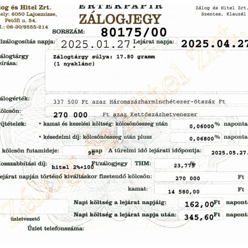 S-80175 sz. zálogjegy